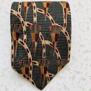 Vintage Retro Geometric Patterned Tie in Black and Gold 100% Silk